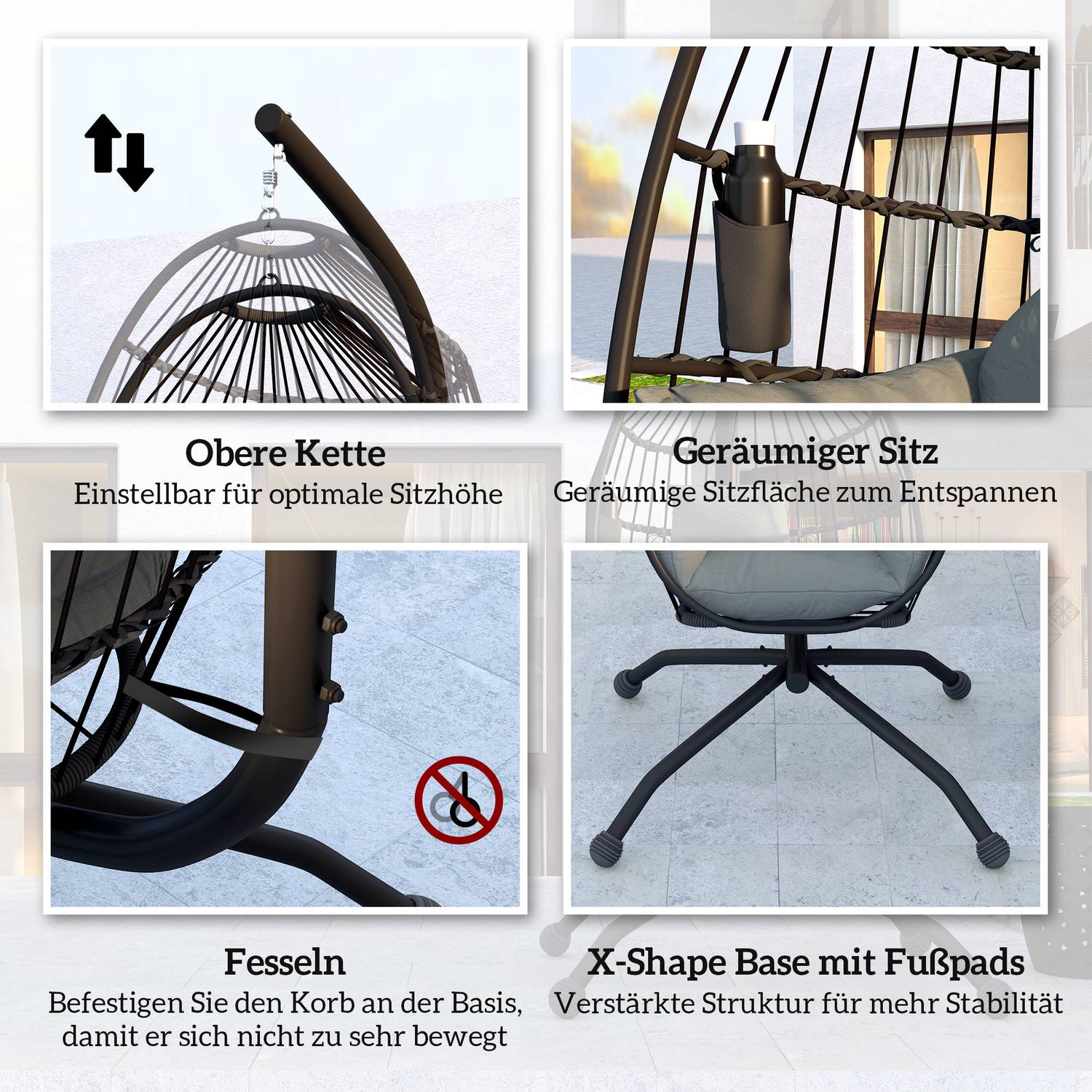 Äggformad hängstol med mugghållare, svart