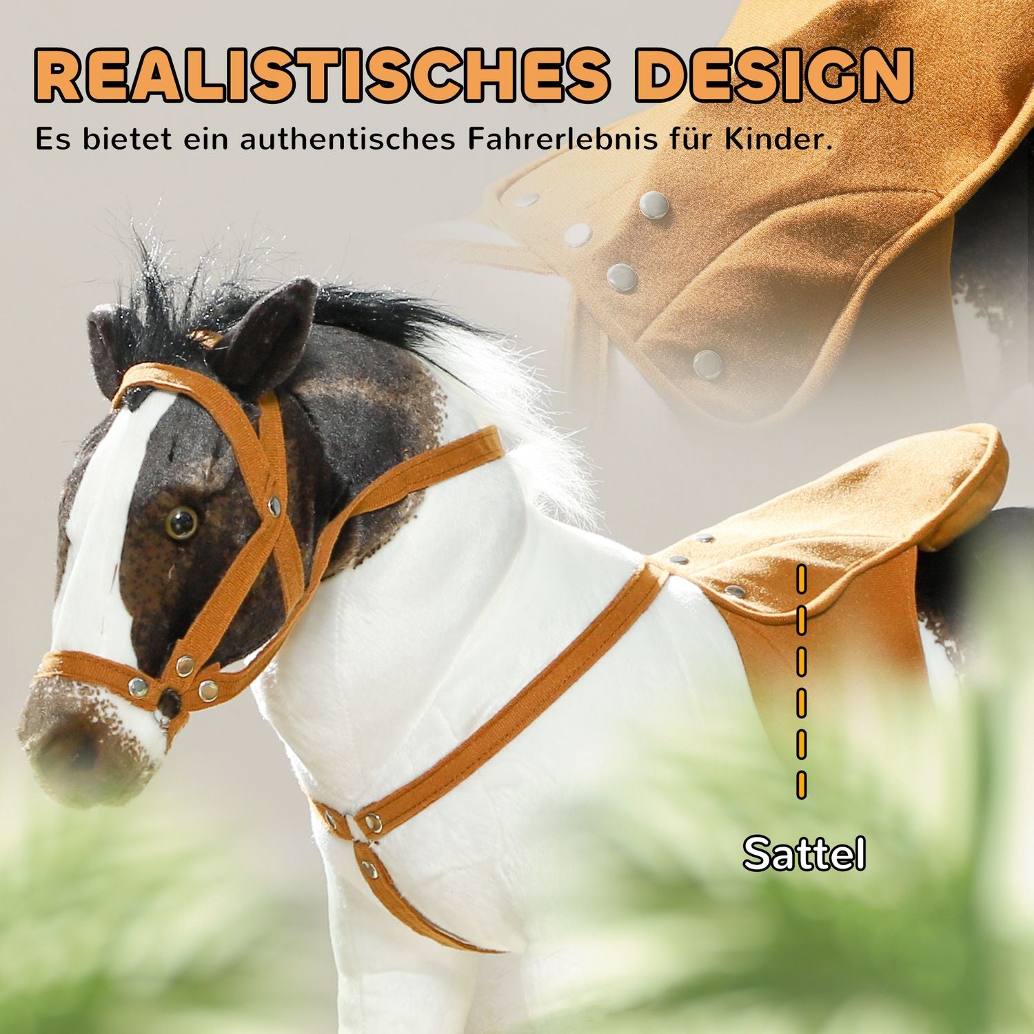 Åkhästleksak med ljud, 48 cm, sadel och träns, brun/kräm